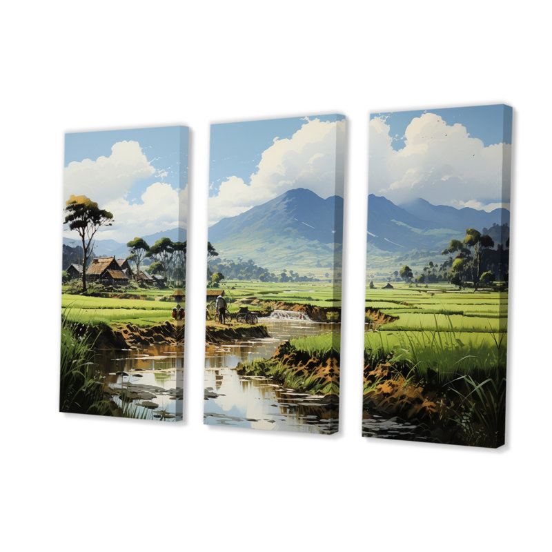 Vietnam, riz doré, champs sur toile, reproduction de 3 pièces, H 28 po x l 36 po x P 1 po