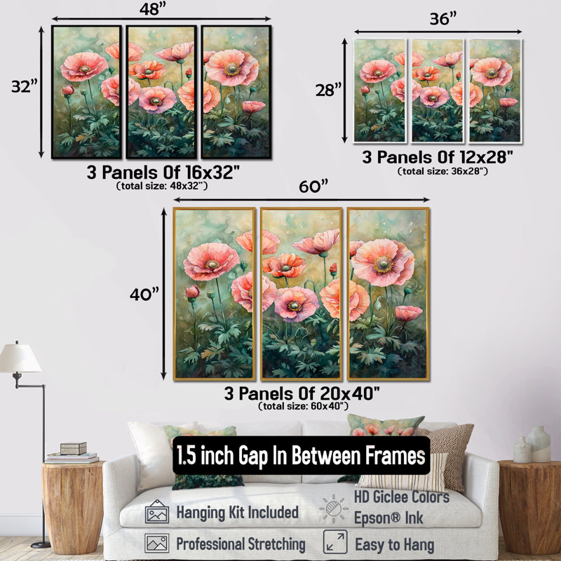 Printemps, coquelicots roses, horizon écarlate I - ensemble de 3 coquelicots, H 28 po x l 36 po, Noir