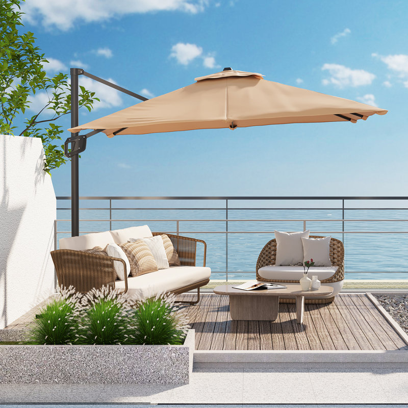 Parasol de patio en porte-à-faux à rotation décalée de 10 pi avec lumières solaires, manivelle et inclinaison pour la cour et la piscine