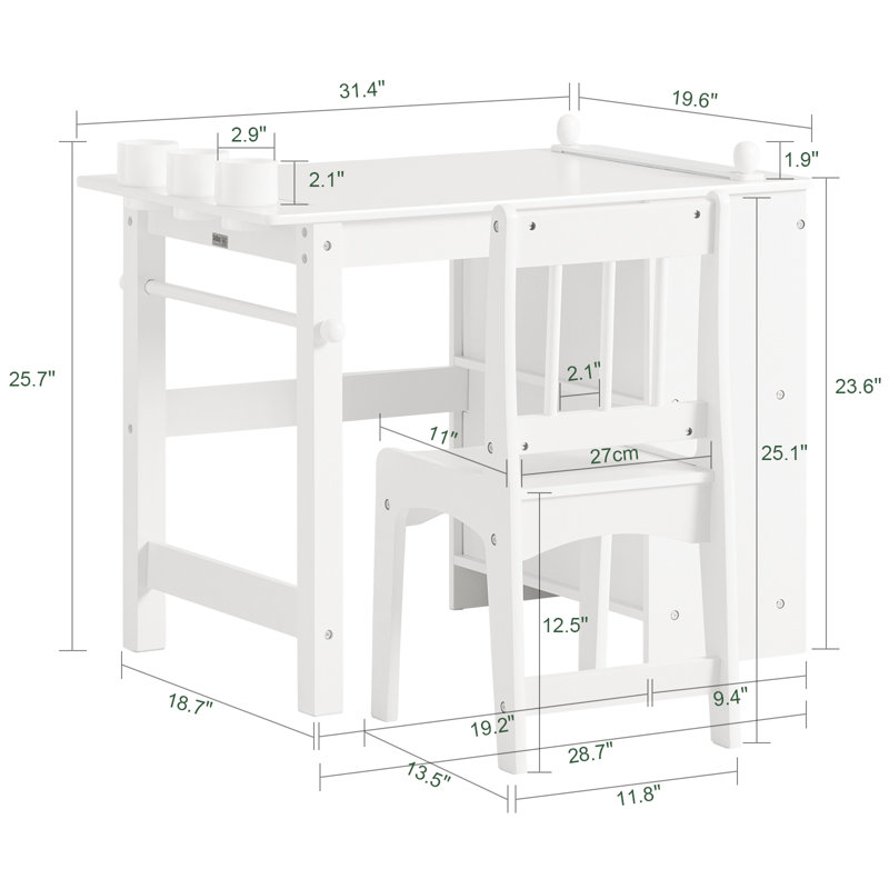 Kids Table and Chair Set 1 Table 1 Chair with Storage Shelves & Paper Roll Holder for Art Craft White 31.5"W x 19.7"D x 23.6"H