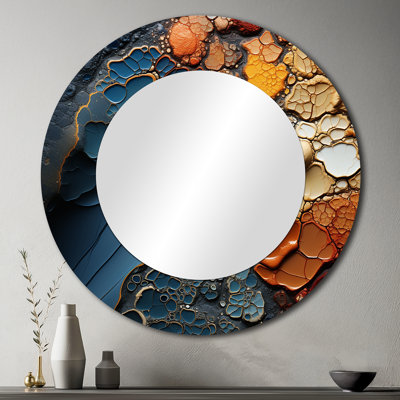 Blue and Orange Fluid Movements - Abstract Shapes Wall Mirror, Blue Round Decorative Mirror, Printed Metal Art