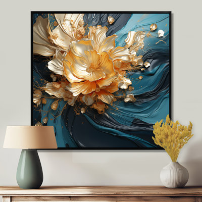 Fleur abstraite dorée sur des vagues bleu sarcelle - art mural floral moderne