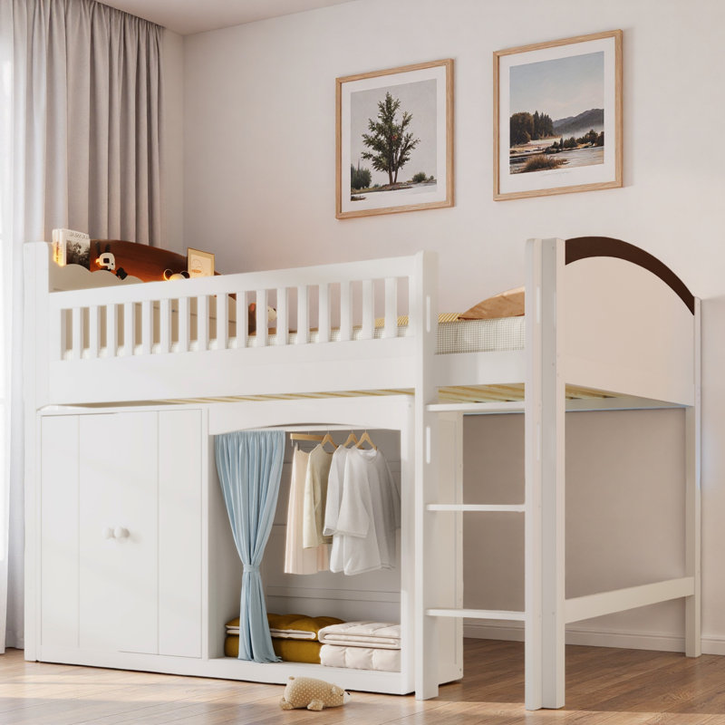 Lit mezzanine avec armoire de rangement, garde-robe et DEL, Blanc