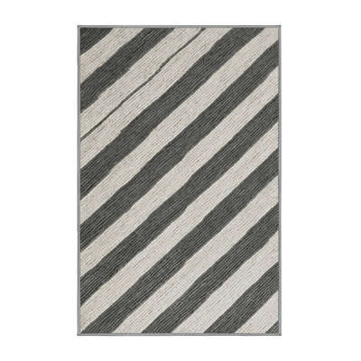 Washable Steel Gray White Striped Area Rug