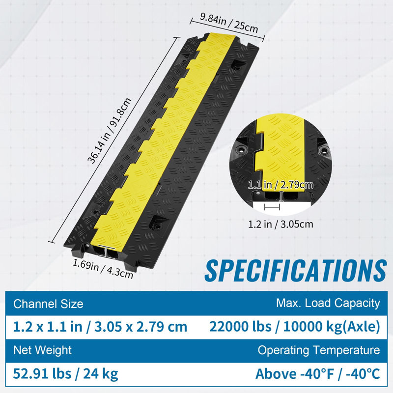 Rampe de protection de câble L 36,1 po x l 9,8 po x H 1,7 po avec 2 canaux, matériau TPU / TPR, paquet de 5 rampes de protection de tuyau, noir / jaune, capacité de charge de 22 000 lb