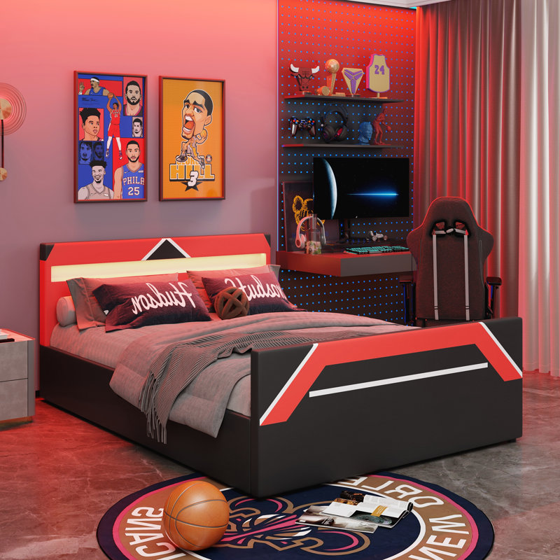 Grand lit de jeu avec tête de lit à DEL 7 couleurs intégrée, Black+Red