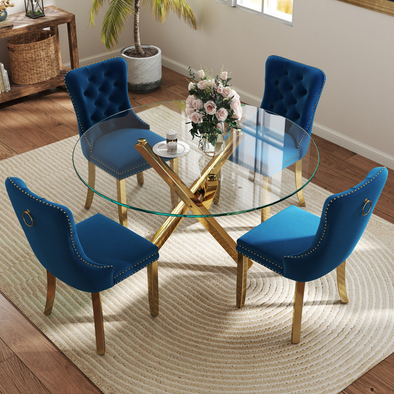 Ensemble de table de salle à manger 5 pièces, Bleu/doré, H 29,5 po x L 47 po x l 47 po, Or
