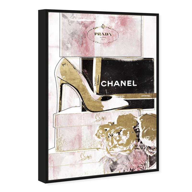 " Luxury Stacked Shoes Rose ", 24" H x 16" W, Black Framed