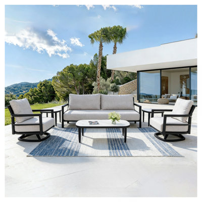 6PC Outdoor Conversation Set With Fully Weld 360° Swivel Club Chairs,Luxurious Bench Seat Sofa,Marble-Inspired Sintered Stone Coffee Table & Side Table,Rust-Free Aluminum Frame & Sunbrella Cushions