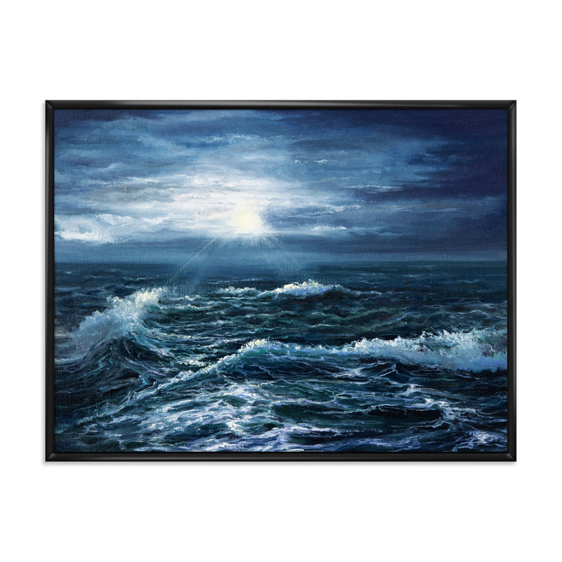 Soleil à travers les vagues de l'océan - Peinture sur toile, H 24 po x l 32 po x P 1 po, Cadre flottant noir