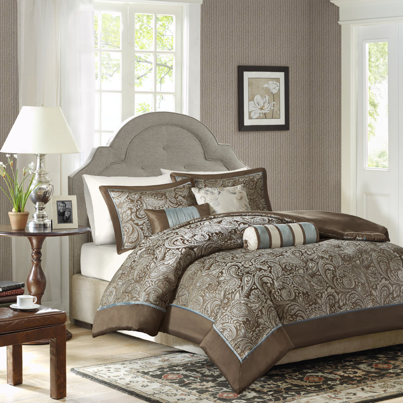 Aubrey Paisley Jacquard Duvet Cover Set, King/Cal. King Duvet Cover + 2 Shams + 3 Decorativ, Brown / Blue