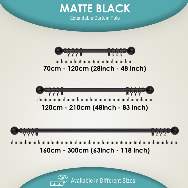 Plain Metal Ball Extendable Single Curtain Rod /Pole, Matte Black, 120-210 Cm