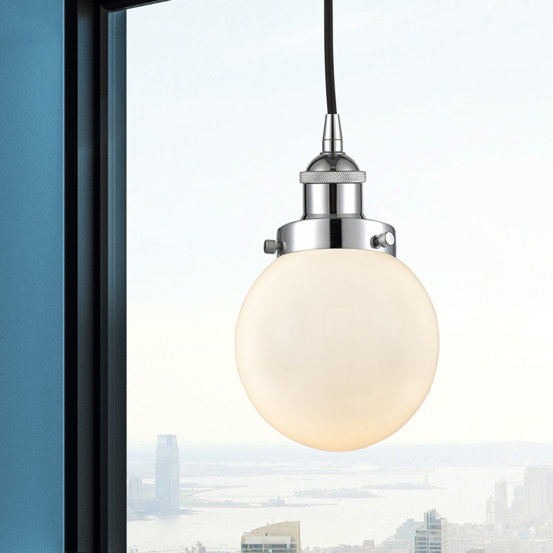 Luminaire suspendu simple à 1 lumière Frederick, H 9,5 po x l 6 po x P 6 po, Blanc, Chrome poli