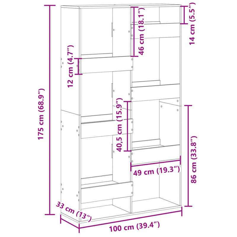 Bryton 115 cm H x 100 cm W Book Cabinet Bookcase, (8 Shelves) 175cm H x 100cm W x 33cm D, Brown Oak