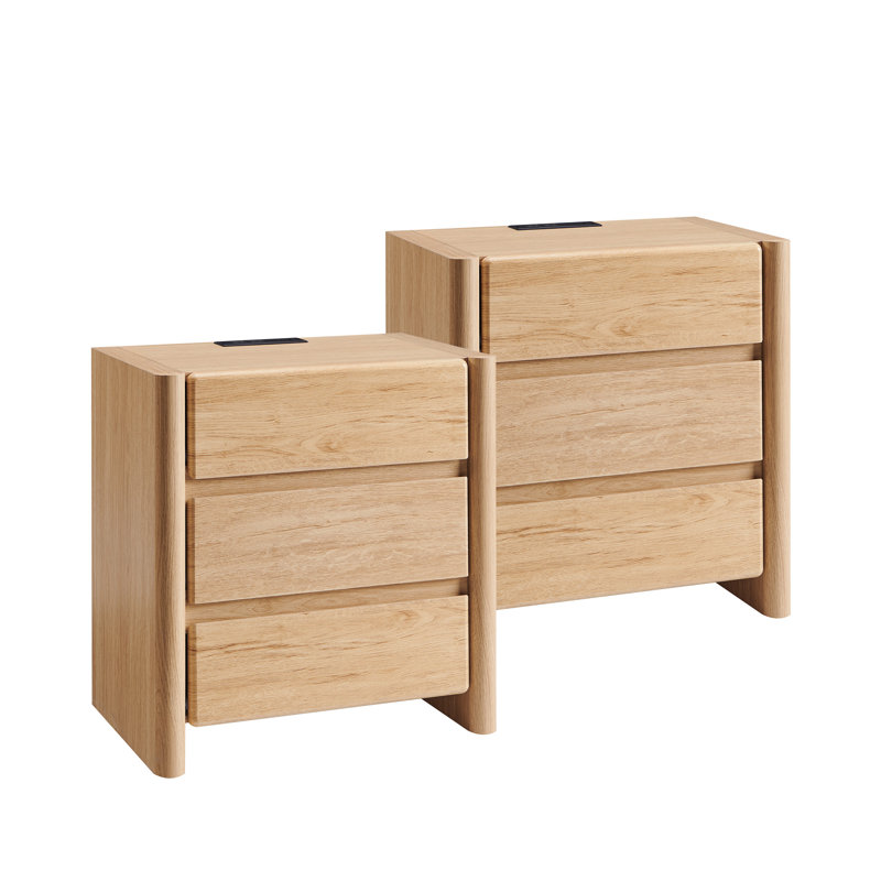 Grande table de bout moderne de 25 po Bolanos, 2 tables d'appoint l 23,6 po avec station de charge et 3 tiroirs de rangement, grande table de bout en bois pour chambre à coucher