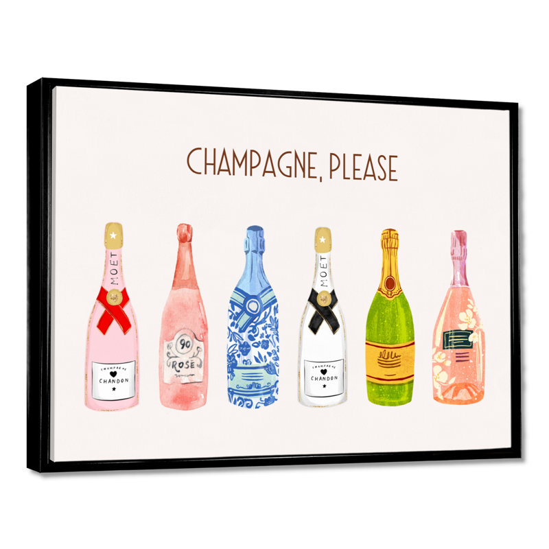Champagne, veuillez Happy Hour - Champagne, art mural, Cadre flottant noir, H 24 po x l 32 po