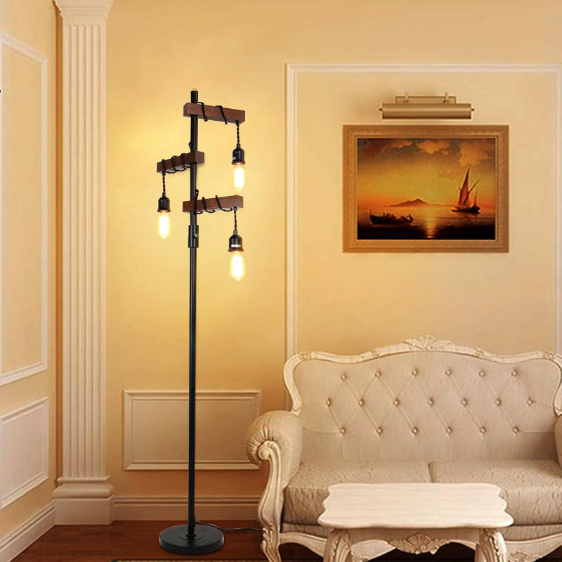 Dimmable Industrial Floor Lamp, Farmhouse Tree Floor Lamp, 68 Inch 3 Lights Wood Standing Lamp, Sturdy Base Tall Vintage Pole Light, Metal Black Floor Lamps For Living Room Bedroom Office Rustic Home