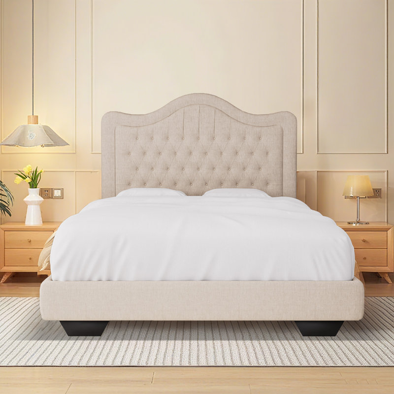 Structure de lit rembourrée en tissu avec tête de lit réglable, support à lattes de bois, lit plateforme capitonné, Beige
