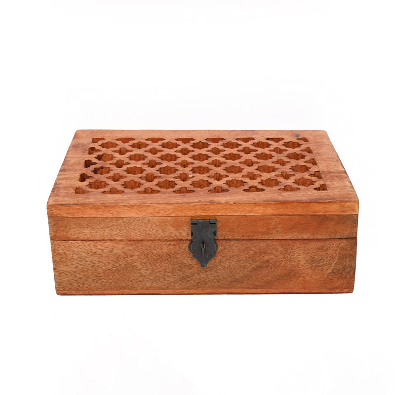 Boîte décorative en bois de manguier avec couvercle à charnière dans des sculptures de Jali utilisées comme boîte de rangement pour les cadeaux de Noël (9 po x 6 po x 3 pi)