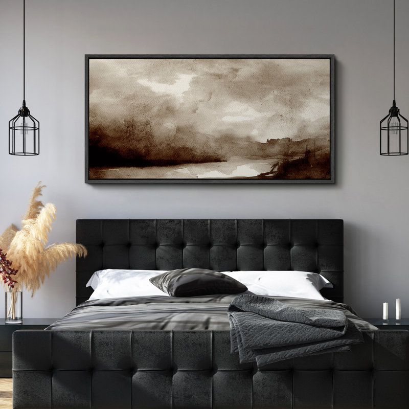 Moody Landscape, sépia, art moderne, H 30 po x l 60 po, Noir, noir, noir, noir
