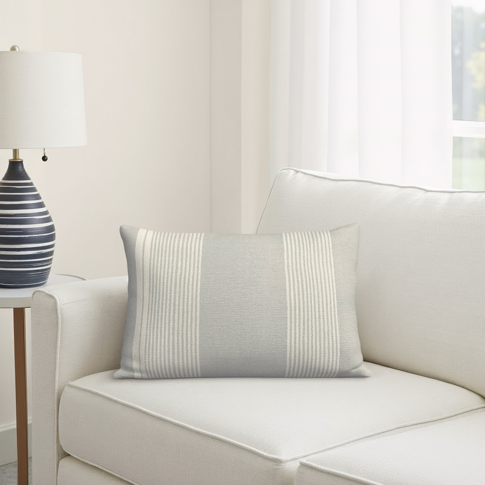 Samsa Striped PET Yarn Indoor/Outdoor Lumbar Throw Pillow, Gray/Ivory, Polyfill