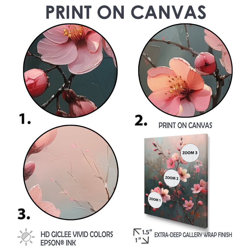 «Pink Cherry Blossom Feminine Charm I» - impression d'art mural cerisier en fleurs, Toile tendue, H 24 po x l 32 po