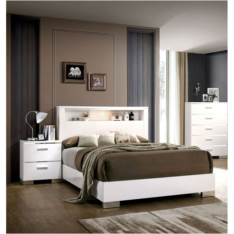 Table de chevet blanche brillante avec chargeur USB, poignées et pieds chromés, table de chevet pour chambre à coucher | Idée de cadeau