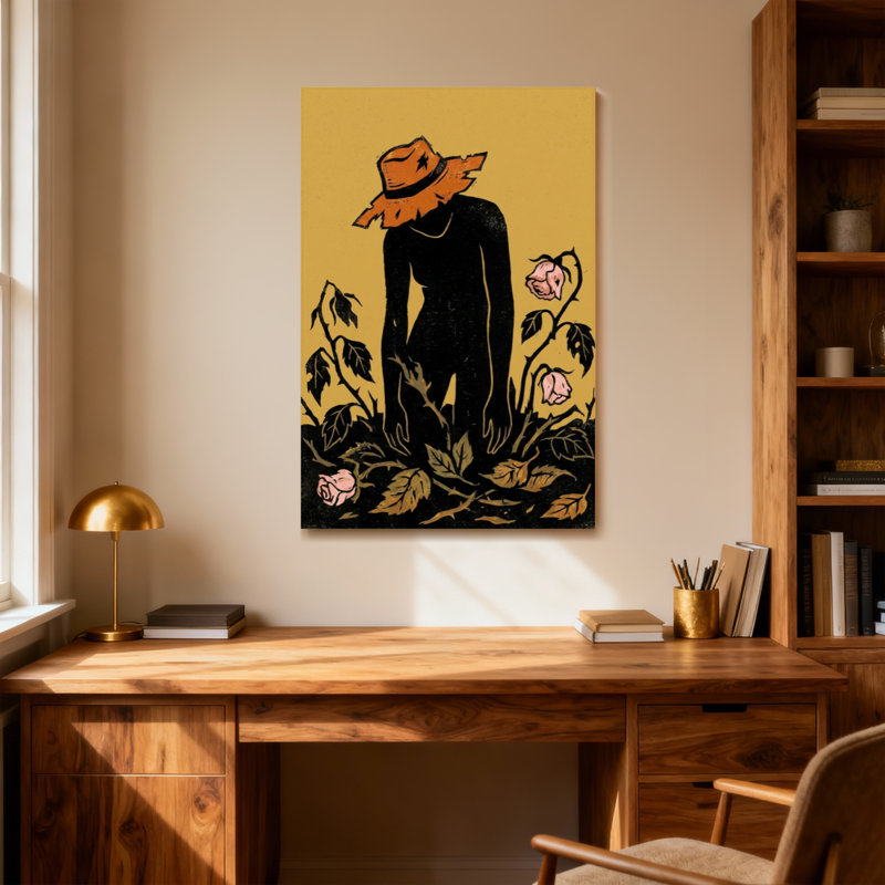 Silhouette de plantes et fleurs portant un chapeau au milieu des roses