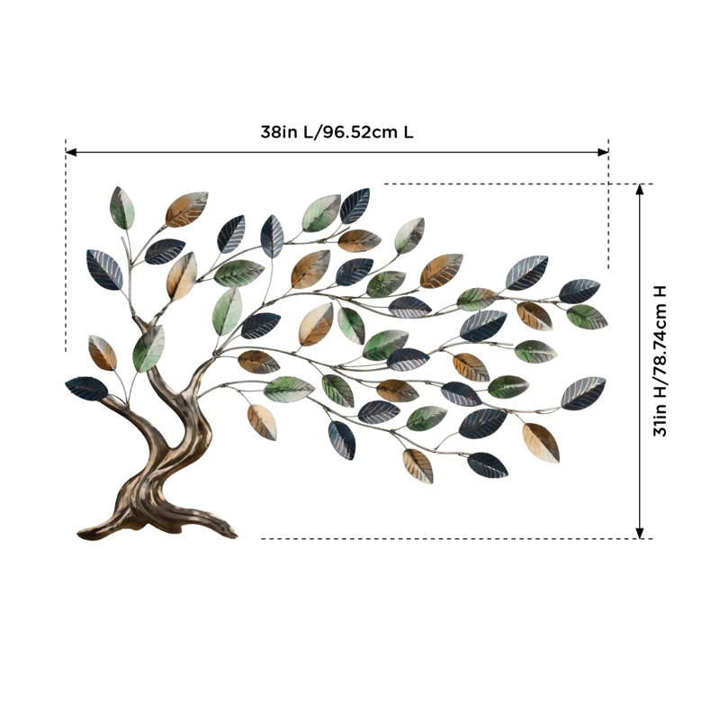 38 Inch Wide Tree of Life Metal Outdoor Wall Decor with Multi Color Weather Resistant Finish for Indoor and Outdoor Home Accent