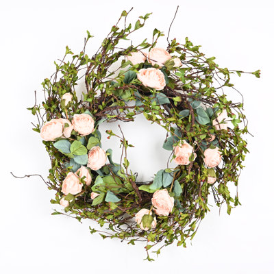 24" Artificial Farmhouse Spring Summer Rose Floral Wreath For Front Door Greenery Twig Home Wedding Party Wall Decor