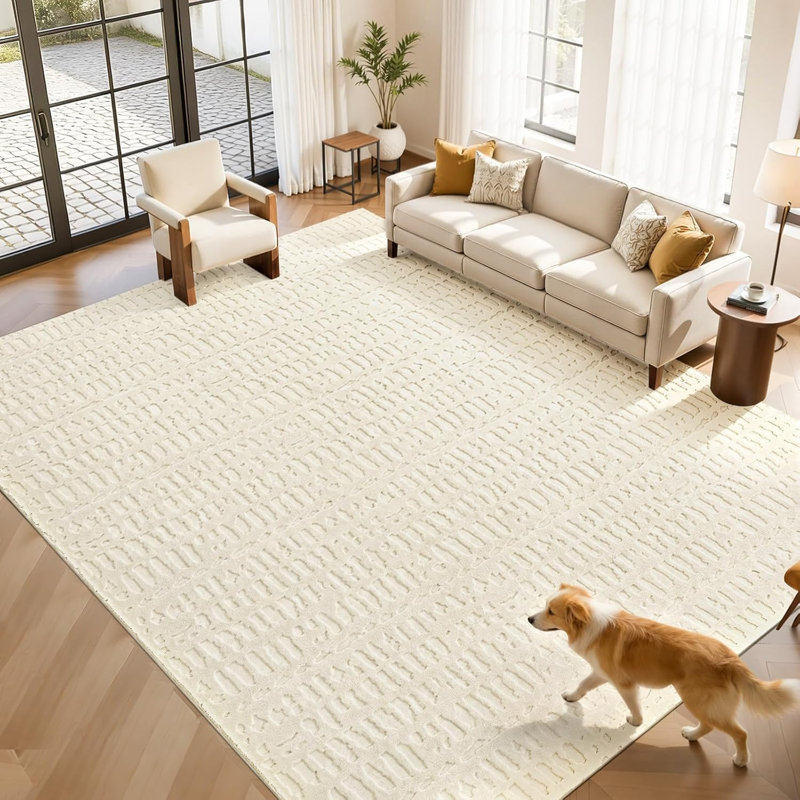 Tapis moderne ivoire lavable antidérapant, Rectangle 9 pi x 12 pi