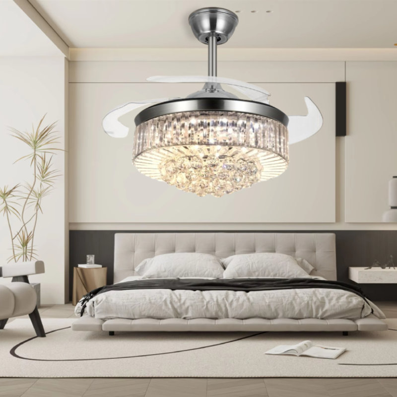 Silver Crystal Ceiling Fan With Light - 3 Colour Changing Dimmable Led, Remote Control