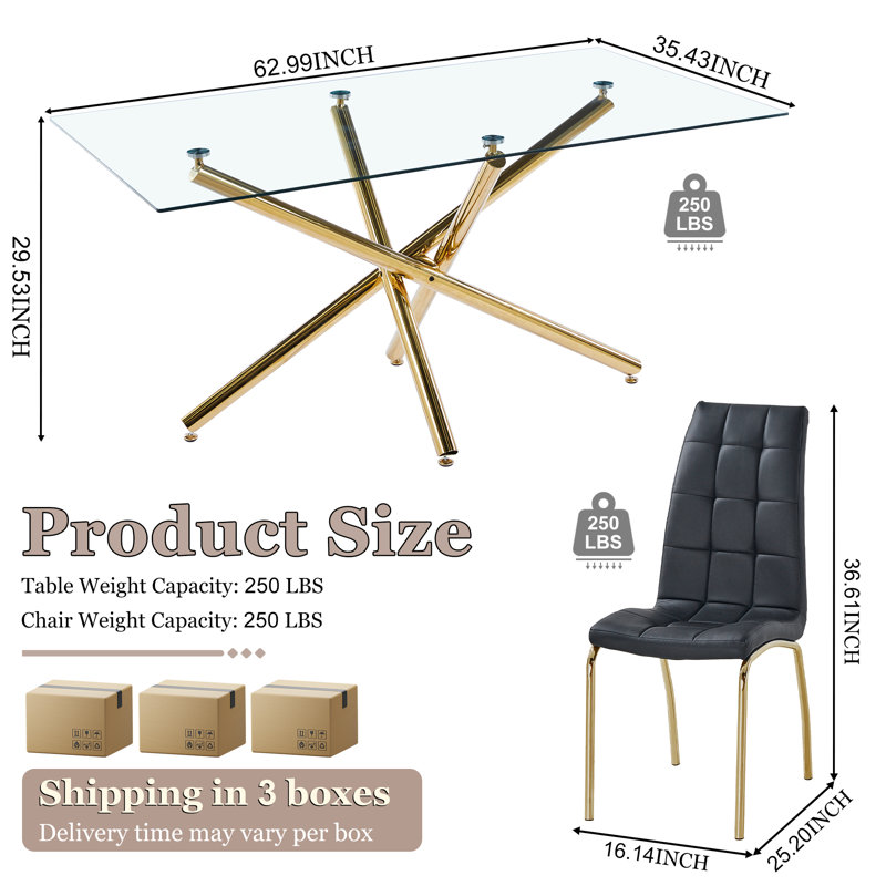 5-Piece Modern Dining Set – Rectangular Glass Table With Metal Base & 4 Faux Leather High-Back Chairs, Gold/Black, Gold