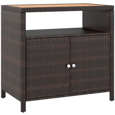 Armoire de rangement extérieure avec plateau en bois d'acacia, deux portes, tablette, table de bar en osier pour le rangement des serviettes de piscine, brun
