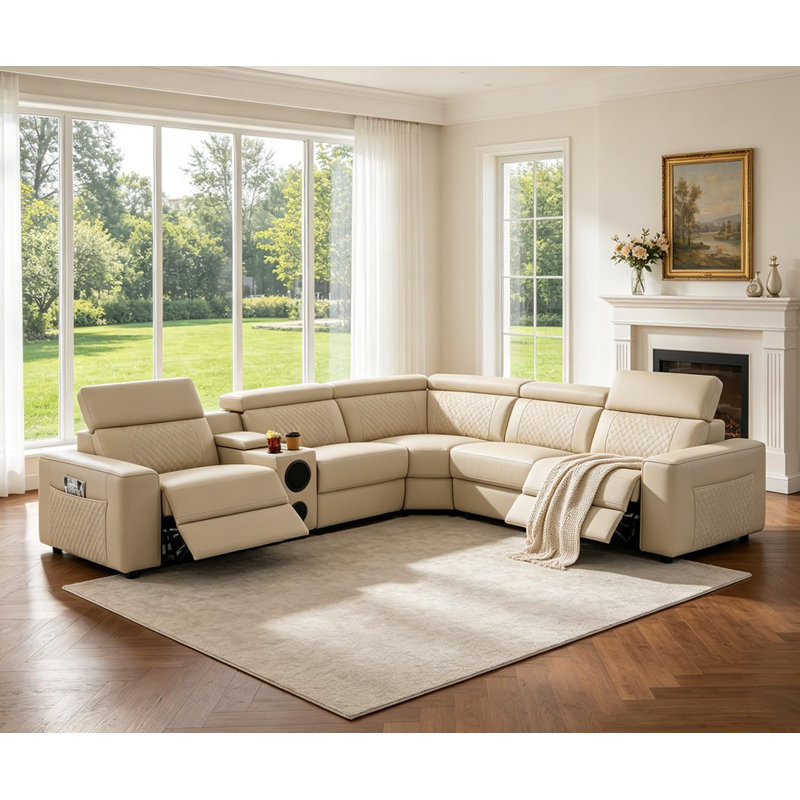 Canapé d'angle inclinable électrique 6 pièces en cuir respirant de qualité supérieure, Beige Faux Leather