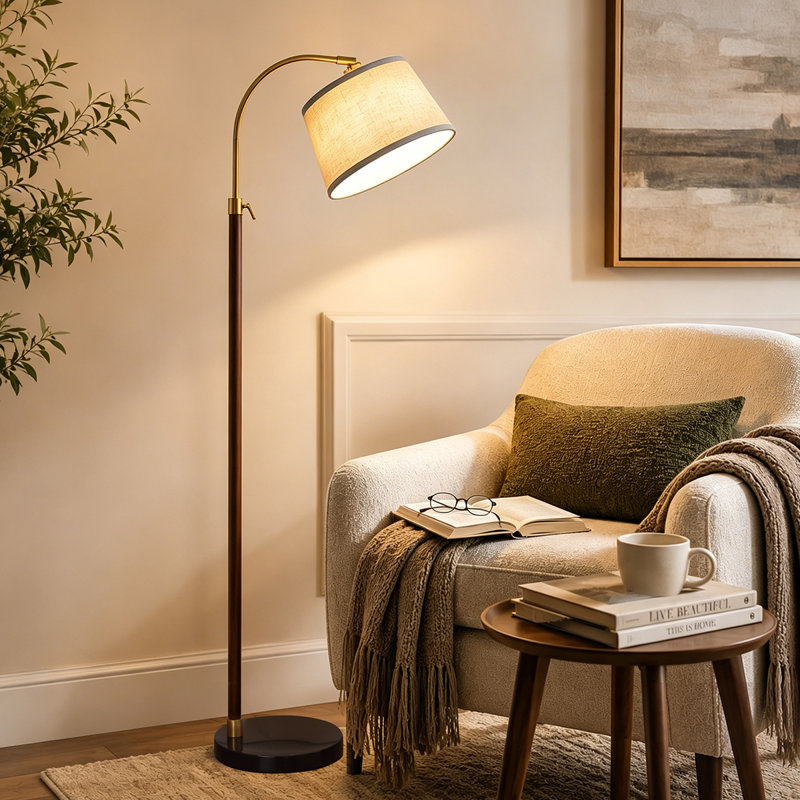 Modern Adjustable Arc Floor Lamp with Marble Base, Linen Shade & Pivoting Reading Light for Living Room, Bedroom & Reading Nook