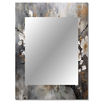 White Grey Cherry Blossum Harmony I - Floral Decorative Wall Mirror, Traditional Mirror, Printed Metal Art