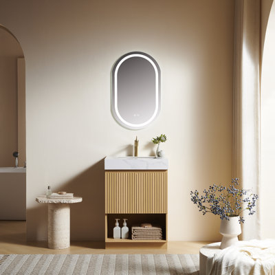 Meuble-lavabo FINO 24, sur pied, comptoir en pierre frittée blanche de Carrare et lavabo en céramique avec 1 trou pré-percé pour robinetterie, démonté, robinetterie et bonde non inclus, couleur chêne Corolla