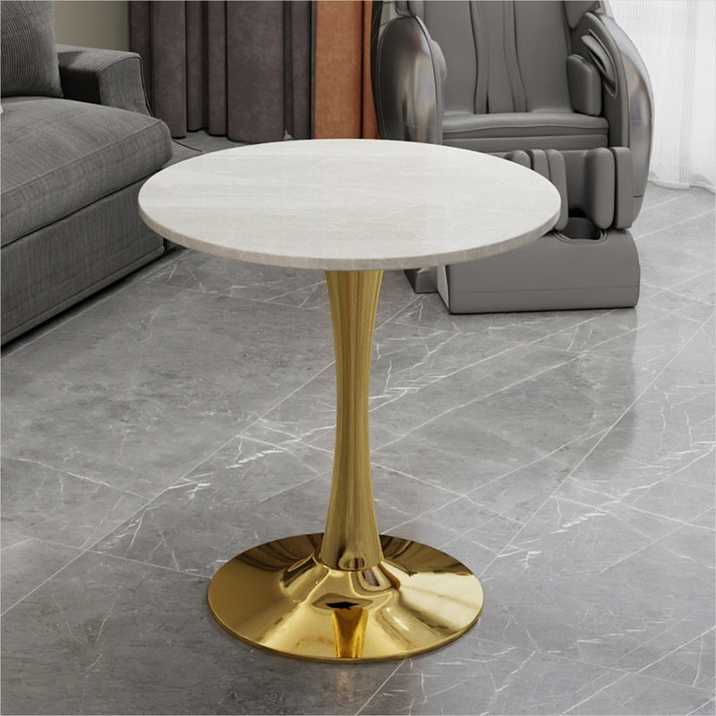 Table de salle à manger avec base à piédestal et plateau classique en marbre blanc, sièges 2 à 4, cadre rond de 27,6 po en fer doré, style Mid-Century moderne pour la cuisine ou le salon