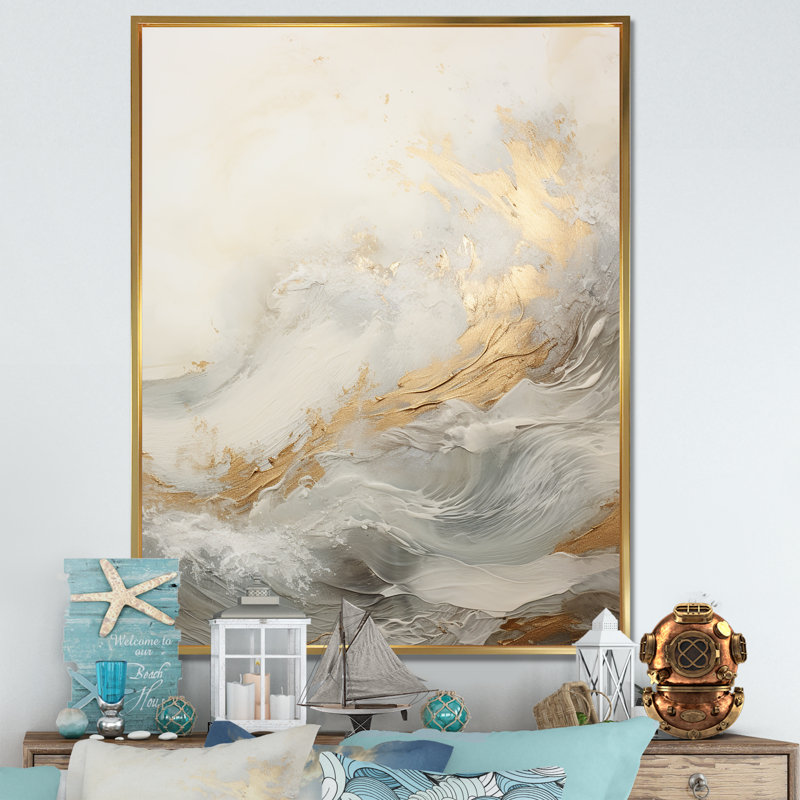 Beige côtier moderne et rivière Gold II, Cadre flottant doré, H 44 po x l 34 po x P 1,5 po
