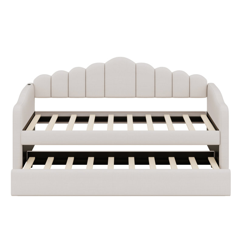 Daybed with Trundle, Velvet Sofabed Design and Built-in USB Charging Ports, Beige
