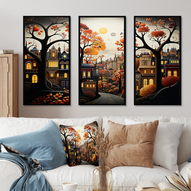 Cozy village in Autumn Moonlit I - Art mural art déco urbain, Cadre flottant noir, H 28 po x l 36 po x P 1 po