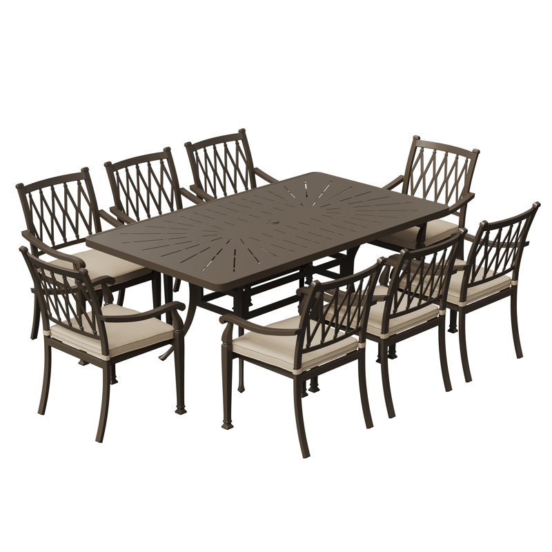 Wike 8 - Person Patio Dining Set with Rectangular Table , Cushions Included, Beige