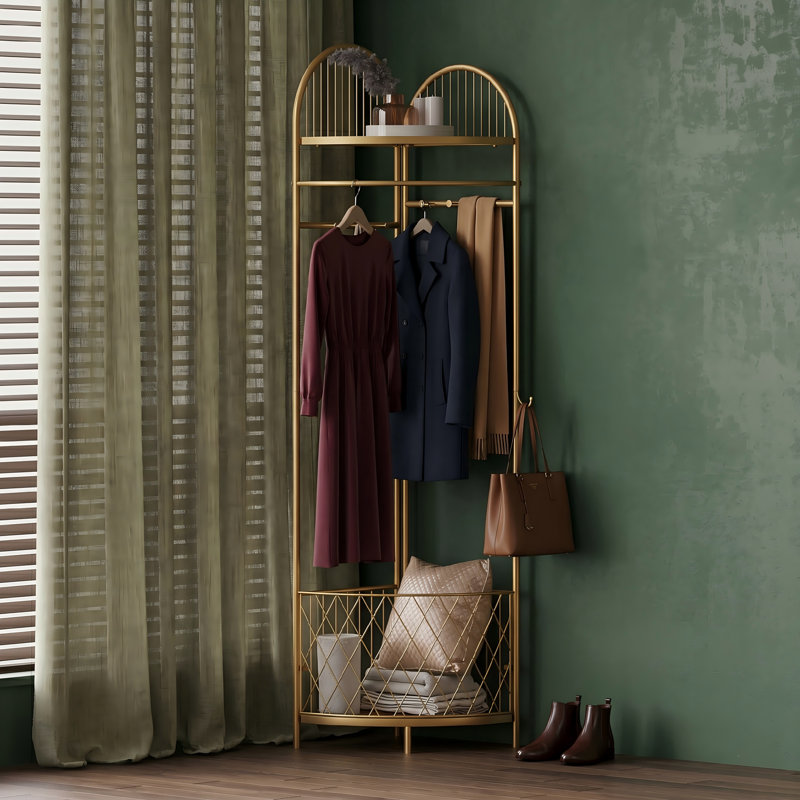 Gold Corner Coat Rack with 6 Movable Metal Hooks and Storage Basket, Hall Tree Style Clothing Rack Perfect for Bedroom Entryway or Hallway