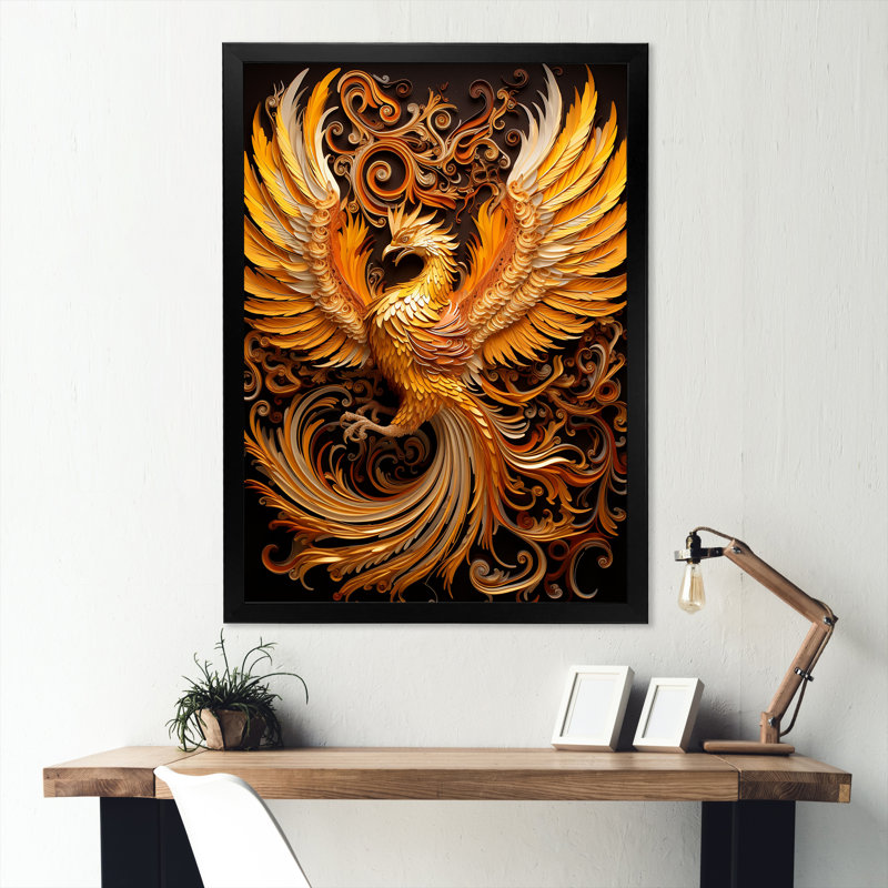 Mythical Creature Golden Griffin Pheonix sur toile, H 44 po x l 34 po x P 1,5 po, Cadre simple noir