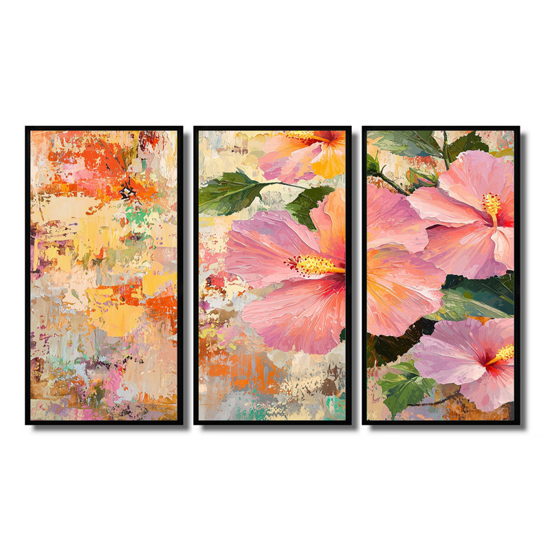 Hibiscus en fleurs au Mexique - ensemble de salon Hibiscus Wall Art, Black, Reproduction avec cadre flottant