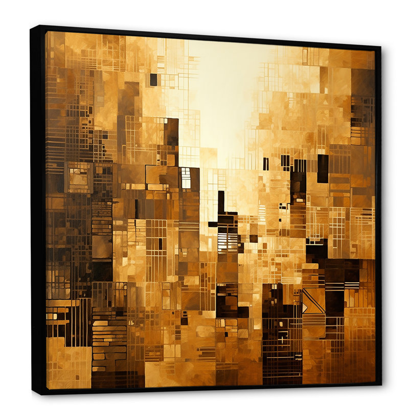 «Modern Cityscape Skycraper Bronze Blocks I», reproduction d'art sur toile, Cadre flottant noir, H 36 po x l 36 po x P 1,5 po