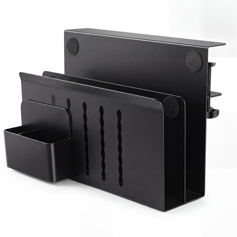 Organiseur de bureau latéral à fixation sans perçage, porte-documents suspendu en métal à deux niveaux avec pot à stylos amovible, accessoire de bureau gain de place noir pour espace de travail à domicile