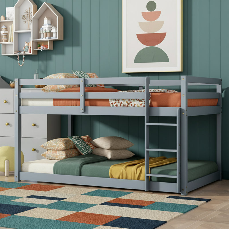  77" Wide Twin over Twin Low Bunk Bed - Solid Rubberwood Floor Bed Frame for Kids - Safety Guardrails and Integrated Ladder - No Box Spring Needed
