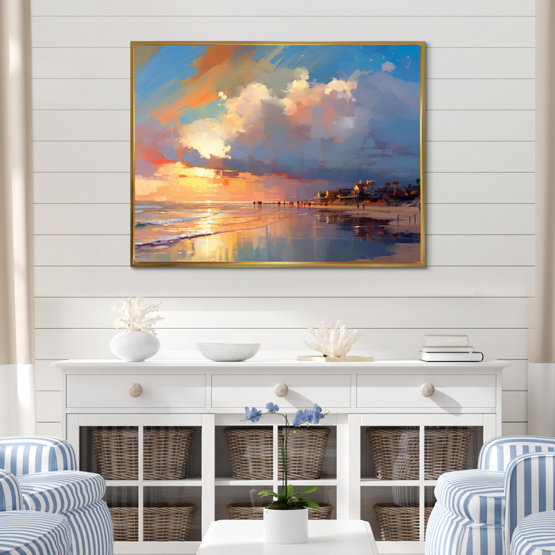 «Sunset Serenity» par Ocean en rose tendre et bleu sur toile, H 16 po x l 32 po x P 1 po, Cadre flottant doré